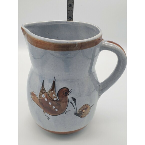 Tonala Mexican Pottery Pitcher Bird & Butterfly  Floral 7.75" Tall Signed AM VTG - Picture 10 of 12